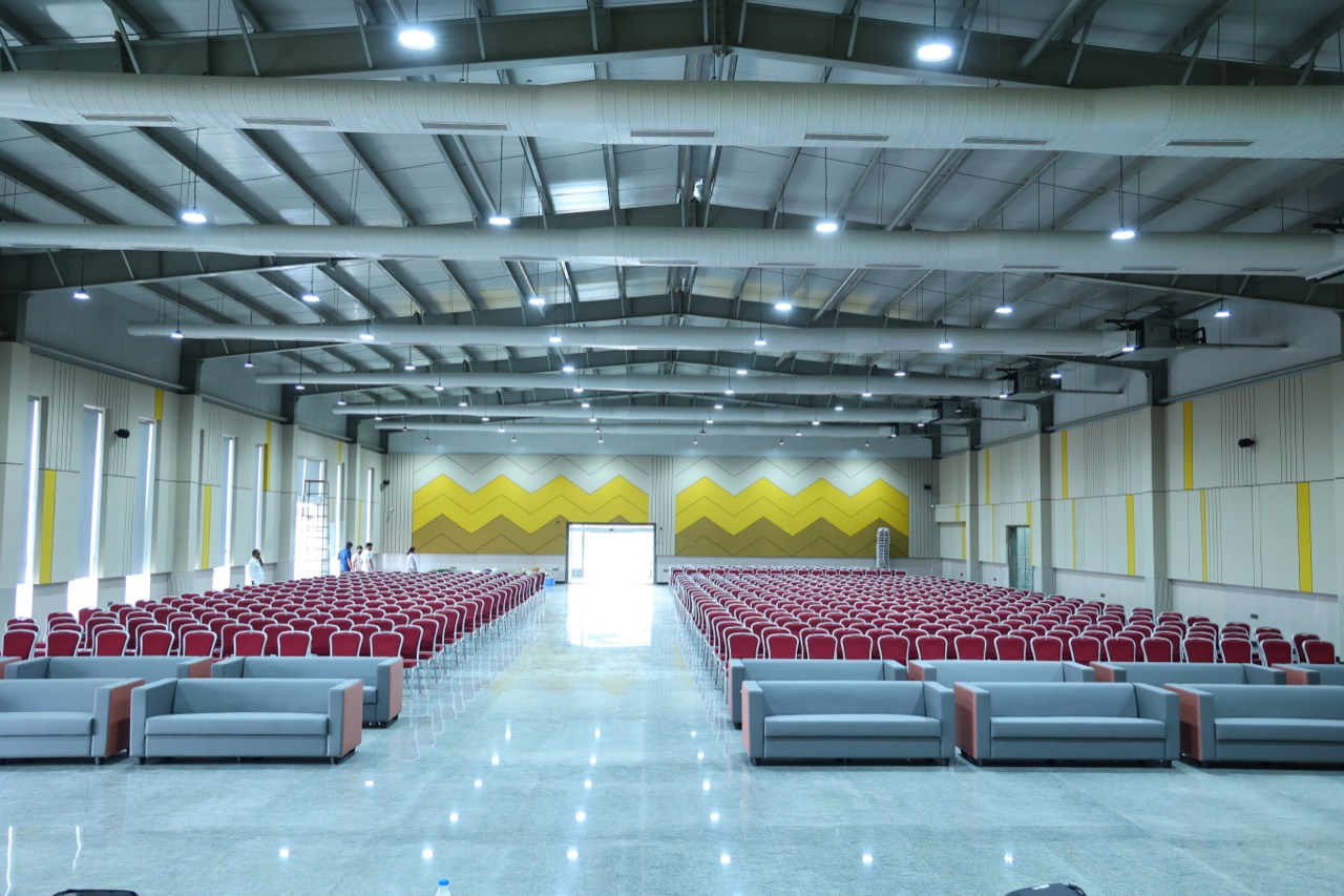 Wide view of the illuminated banquet hall